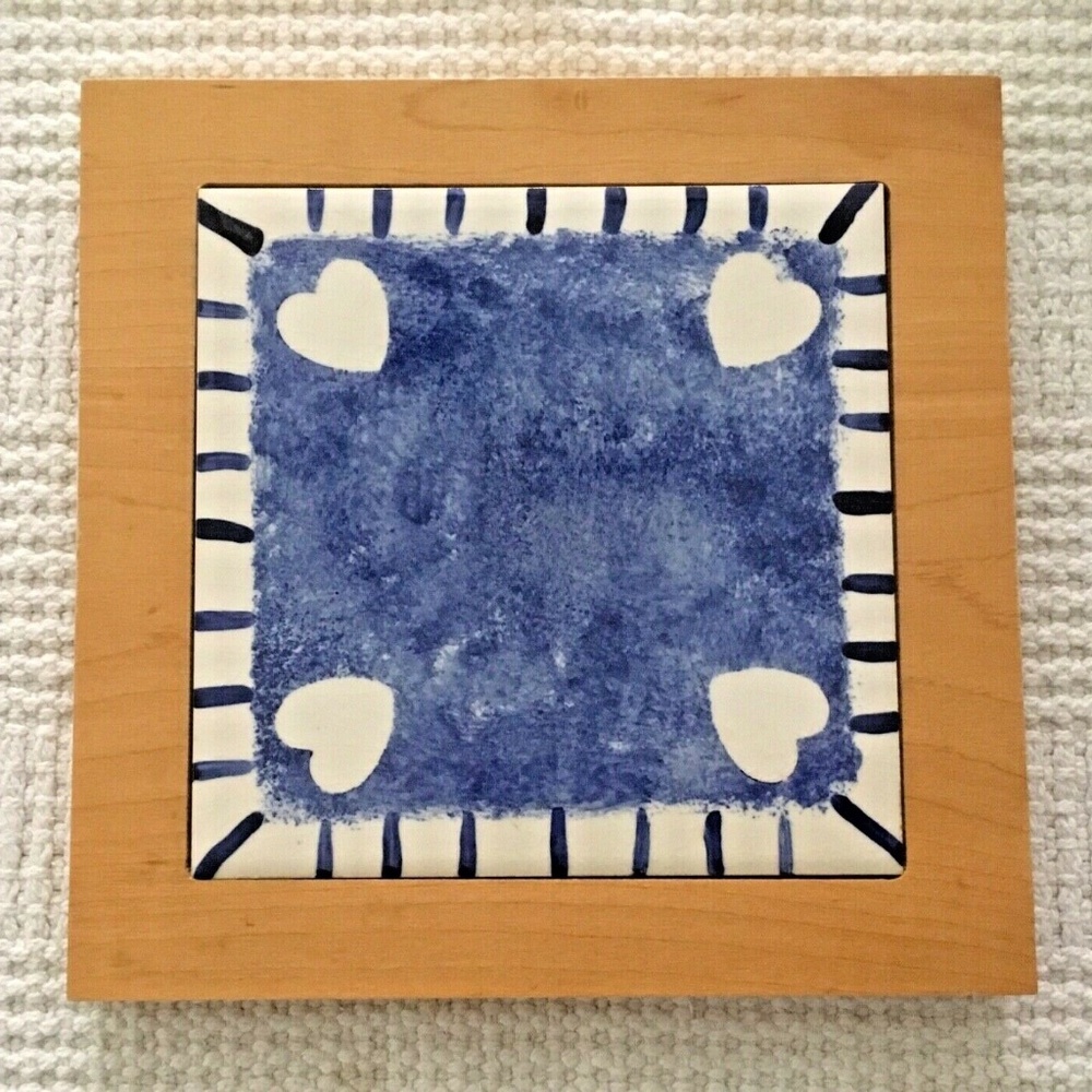 Country Blue Shabby Chic Hearts Tile Trivet Wood Frame has hook for hanging